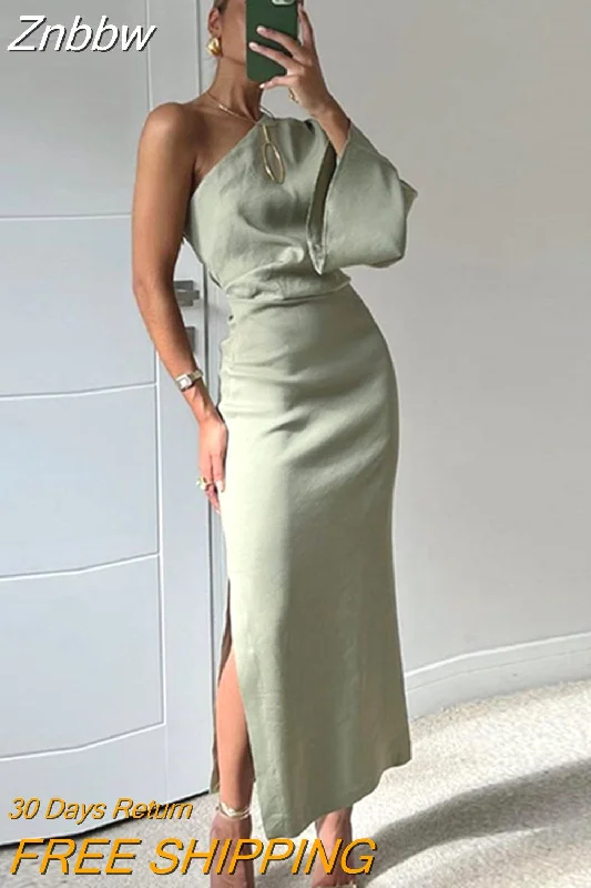 Znbbw Women Sexy Solid Single Shoulder Long Sleeve Dresses Elegant Side Slit Robe Female Fashion Casual Pleated Sudress  2023 Summer