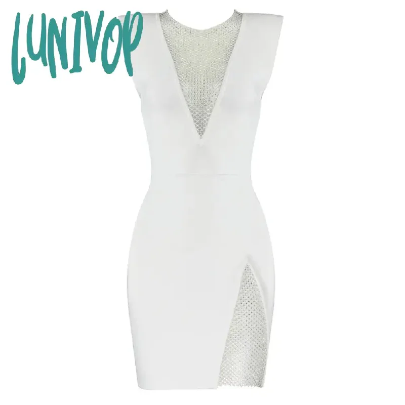 Lunivop Sexy Sleeveless Short Mesh Diamond Bodycon Bandage Dress Vestidos Para Mujer Summer Prom Elbise Robe Evening Party Women Clothes