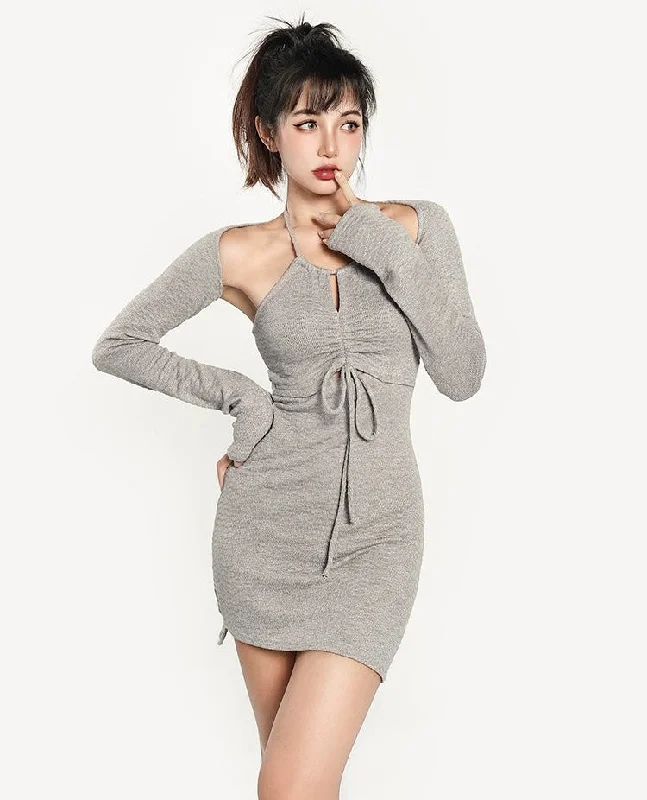 Emilia Solid Color Halter Long Sleeve Mini Dress