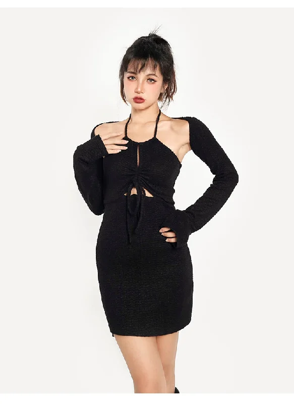 Emilia Solid Color Halter Long Sleeve Mini Dress