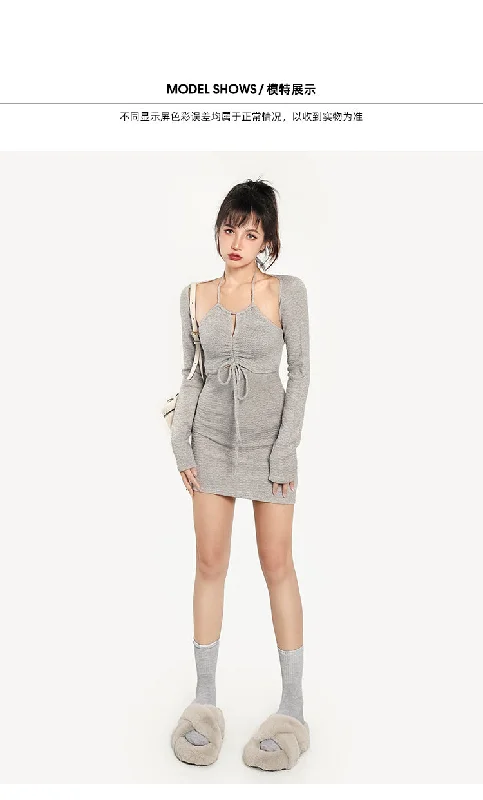 Emilia Solid Color Halter Long Sleeve Mini Dress