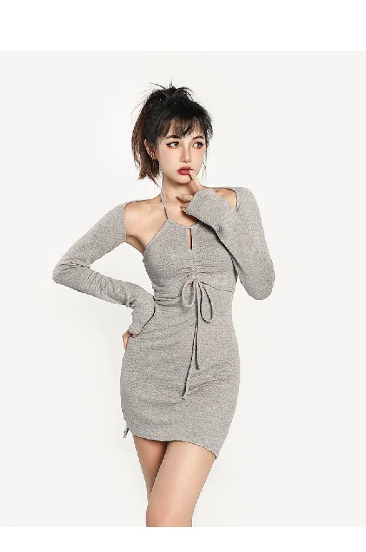 Emilia Solid Color Halter Long Sleeve Mini Dress