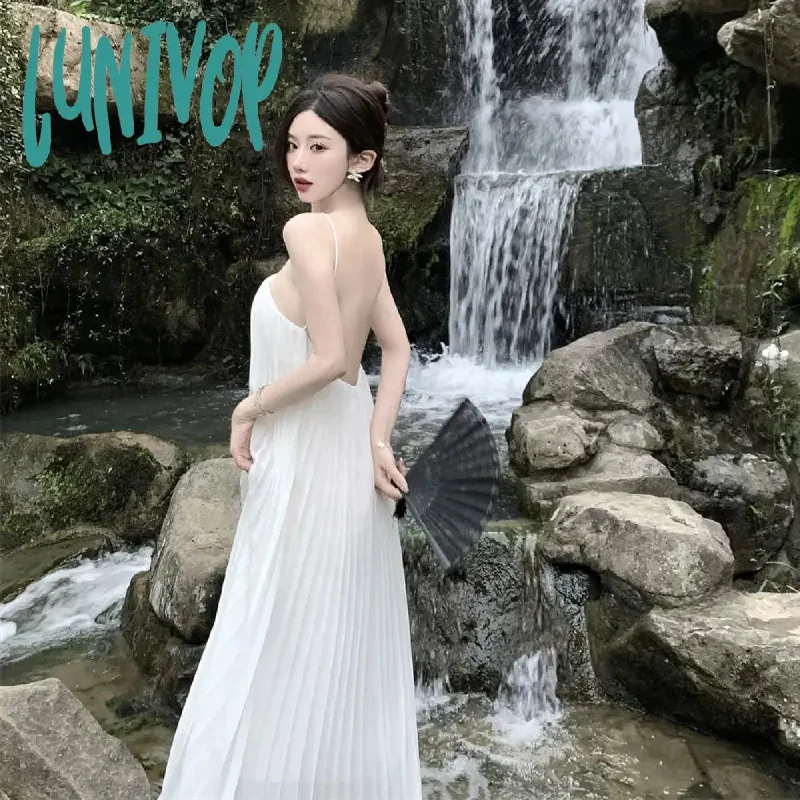 Lunivop 2024 New Sexy Women Backless Sundress Summer French Elegant Halter White Dresses Fairy Party Vacation Long Evening Dress