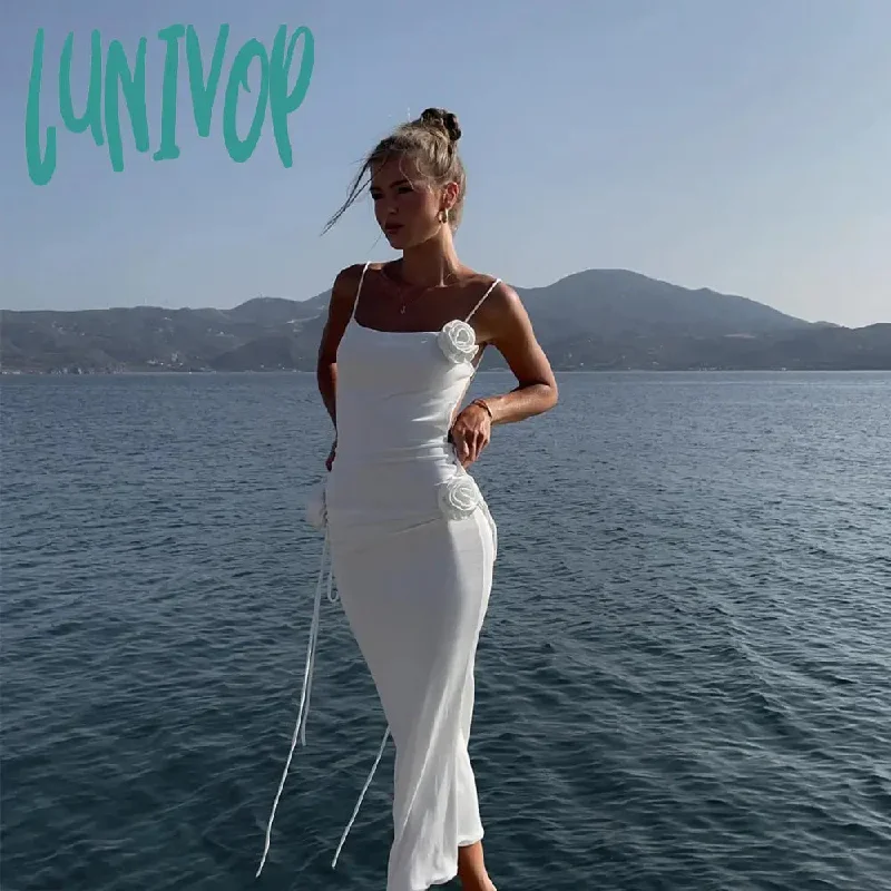 Lunivop 3D Floral Lace Up Backless Cover Up For Women Beach dress High Slit Hollow Out Dress Summer Sexy Beach Vacation Outfit