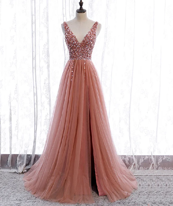 Pink v neck tulle beads prom dress A line evening dress  8377