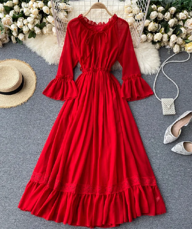 Red chiffon lace dress red A line dress  993