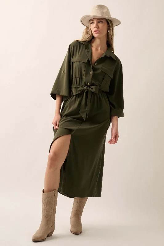 Woman's Work Belted Roll-Up Pocket Shirt Dress