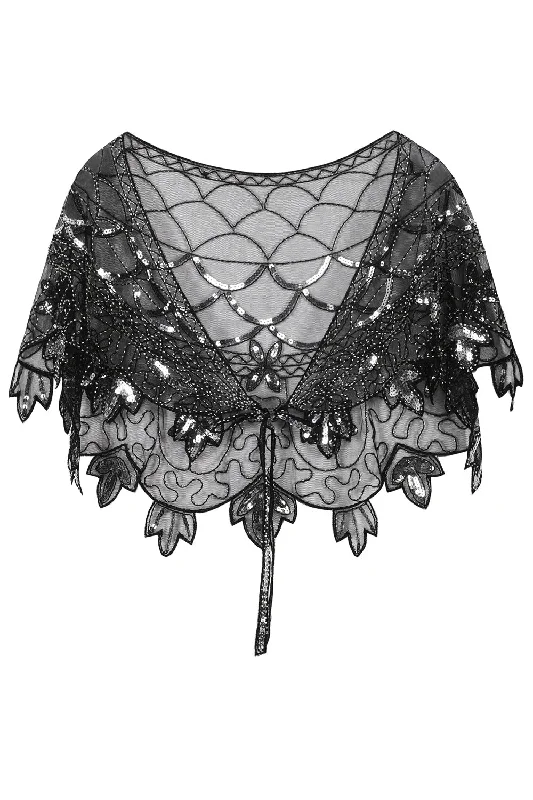 1920s Black Flower Sequin Women Cape