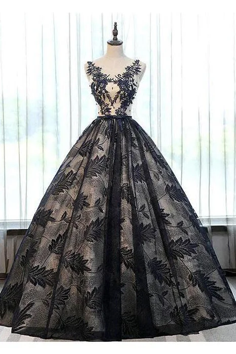 New Ball Gown Black Lace Long Prom Dresses With Appliques OK897