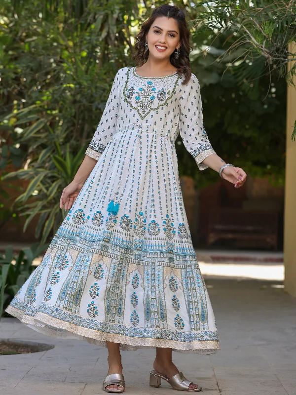 Blue Viscose Shantoon Printed  Flared Dress