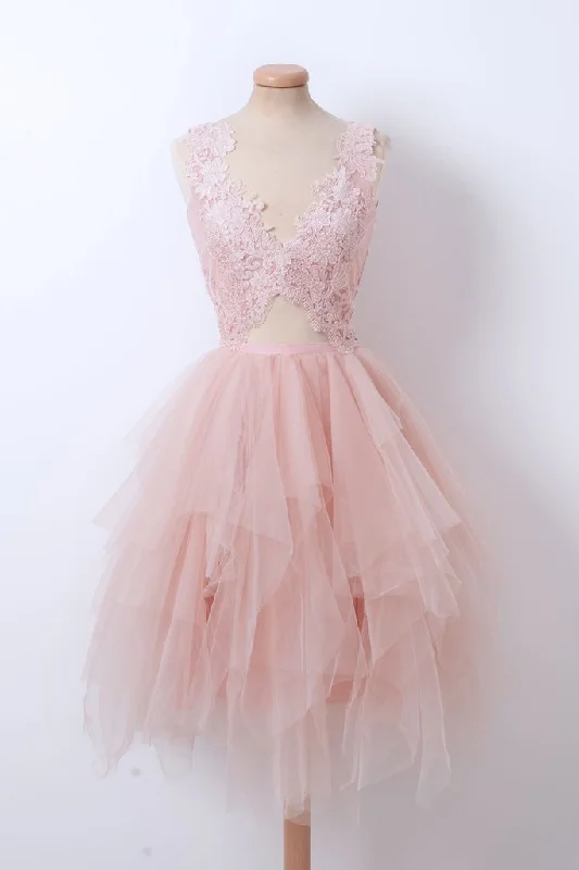 A-line Pink Tulle Lace Top Ruffles Short Homecoming Dress Graduation Dress OKZ17