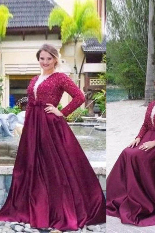 A-Line V-neck Long Sleeves Beading Plus Size Prom Dress OKF38