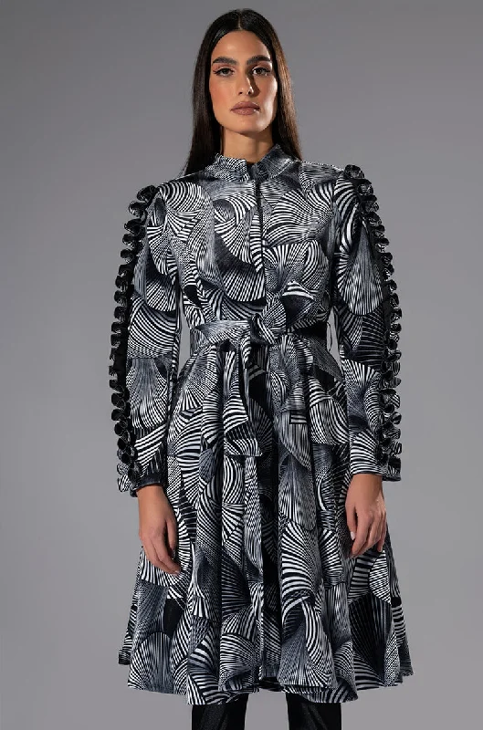 ABSTRACT PRINT BELTED LONG SLEEVE MINI DRESS