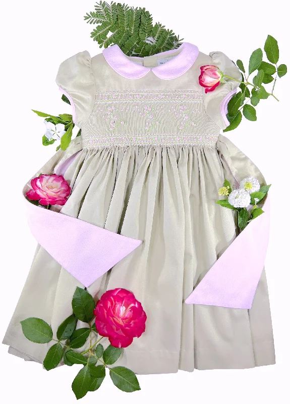 Almond Beige Pink Rosebud Cerise Smocked Dress