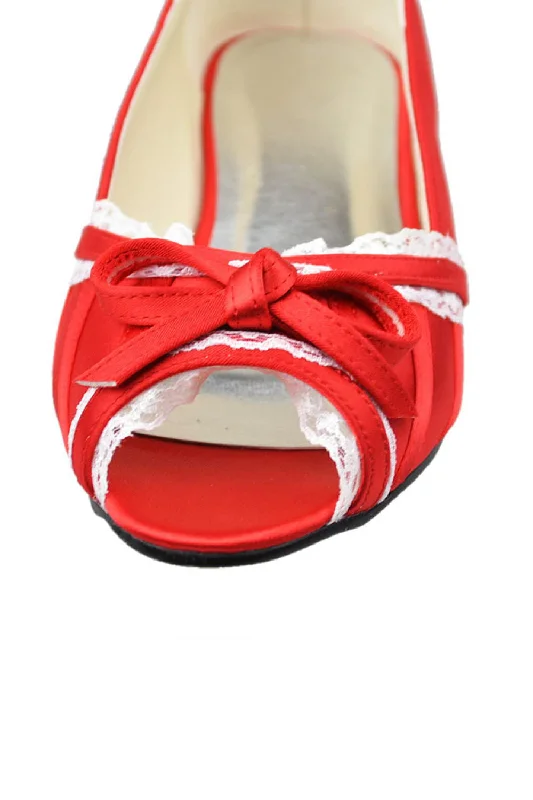 Lace Red Peep Toe Handmade Wedding Shoes With Bow Knot S34