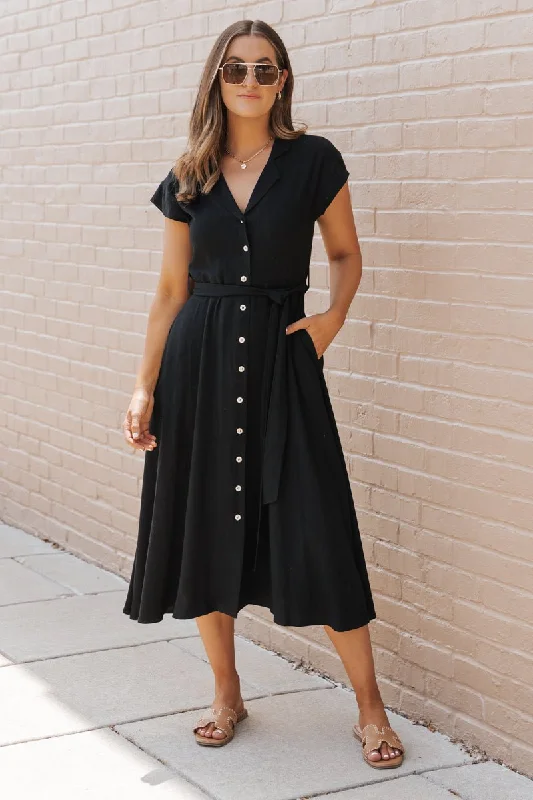 Black Button Down Tie Midi Dress