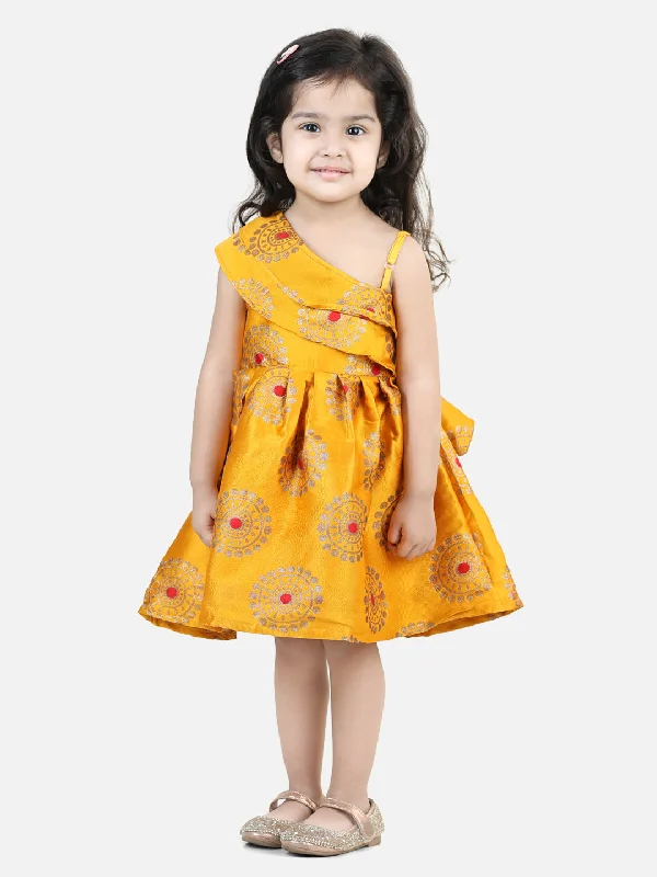 One Shoulder Frill Jacquard Frock Party Dress For Girls- Yellow