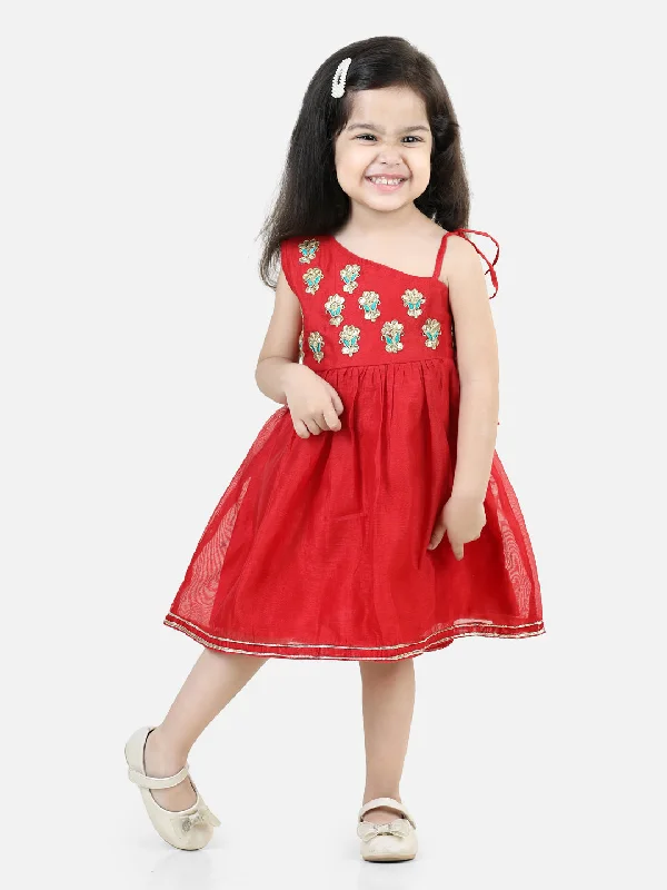 Girls Gota Patti Embroidery Chanderi Frock Party Dress - Red