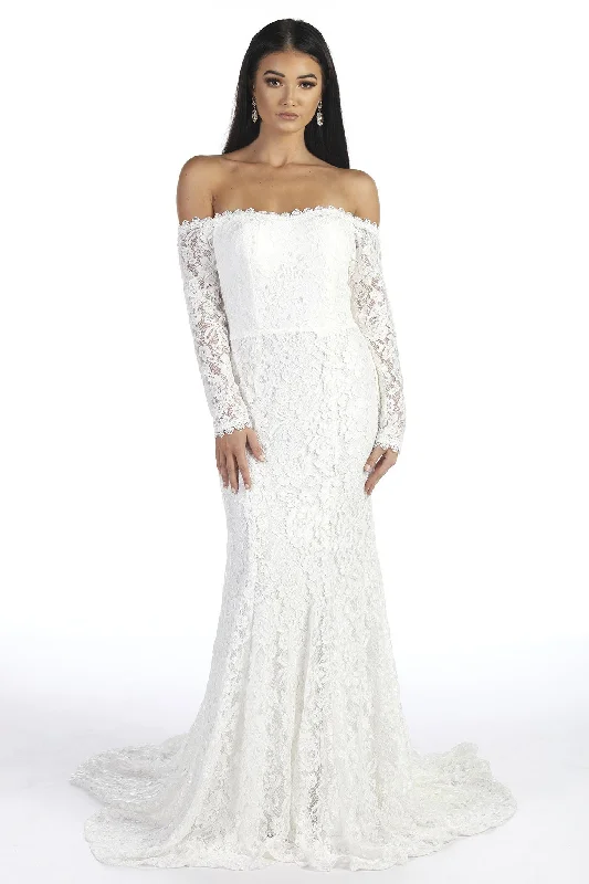 Caroline Off The Shoulder Long Sleeve Lace Gown - White