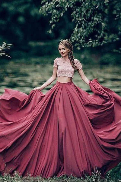 Charming Red Short Sleeves Lace Scoop A Line Two Pieces Long Formal Prom Dresses OK487