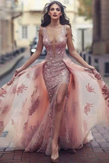 Charming Sweep Train Deep V Neck Pink Tulle Prom Dresses with Lace Appliques OKA18