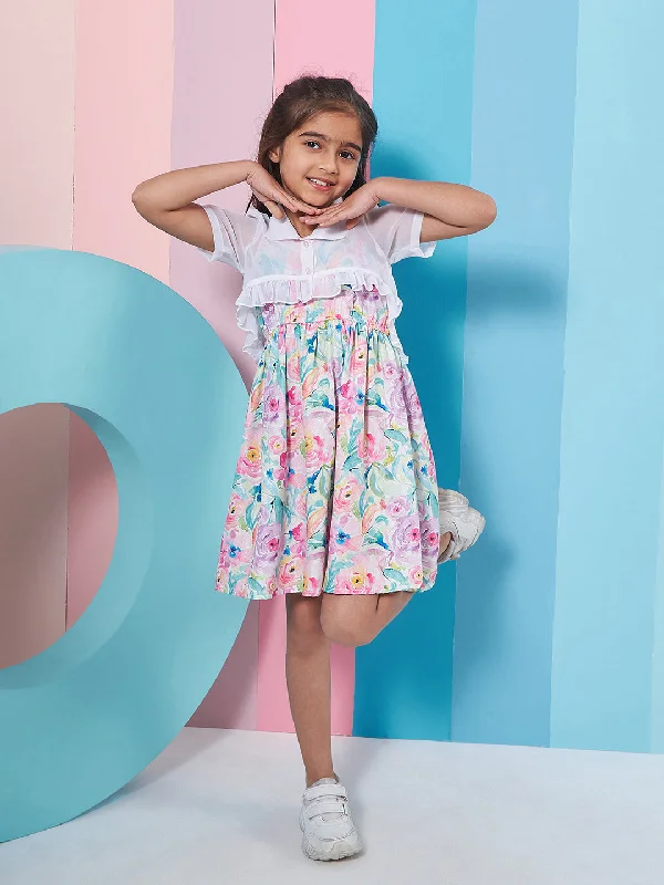 Girls Floral Print Shoulder Strap Georgette Fit Flare Dress