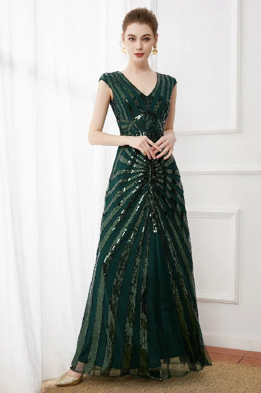 Dark Green Sequins Long 1920s Dress with Beaded