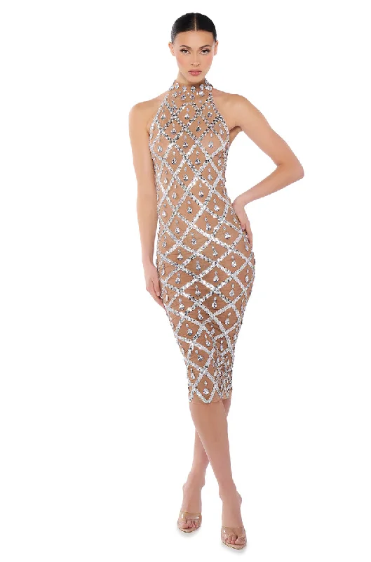 DIAMONDS ARE FOREVER MESH MIDI DRESS IN BEIGE