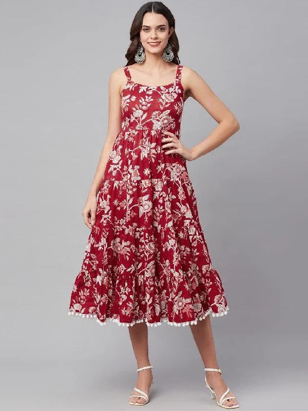 Red Floral Printed Shoulder Strap Long dress