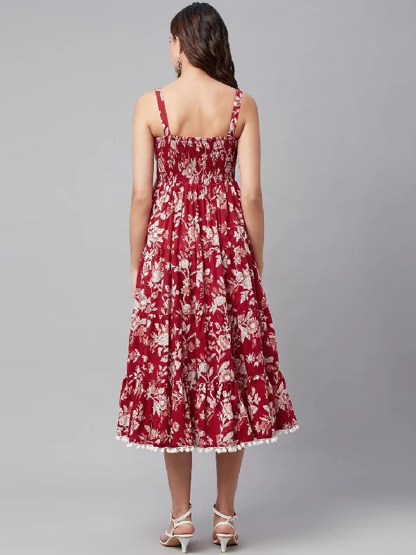 Red Floral Printed Shoulder Strap Long dress