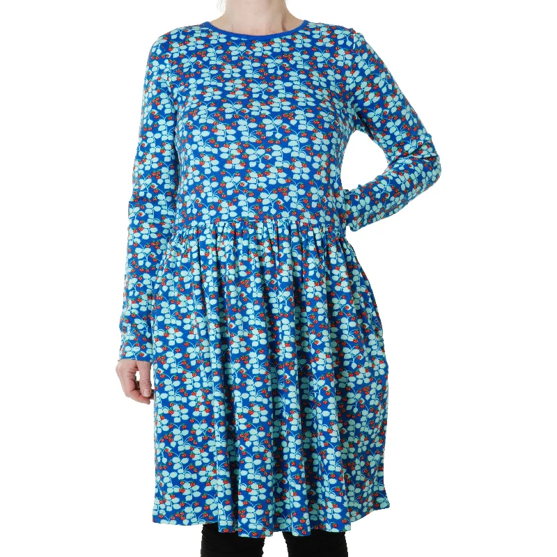 Adult's Strawberry - Blue Long Sleeve Dress With Gathered Skirt