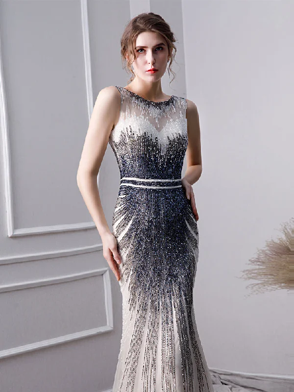 Elegant Mermaid Long Tulle Beading Prom Dress OKL24