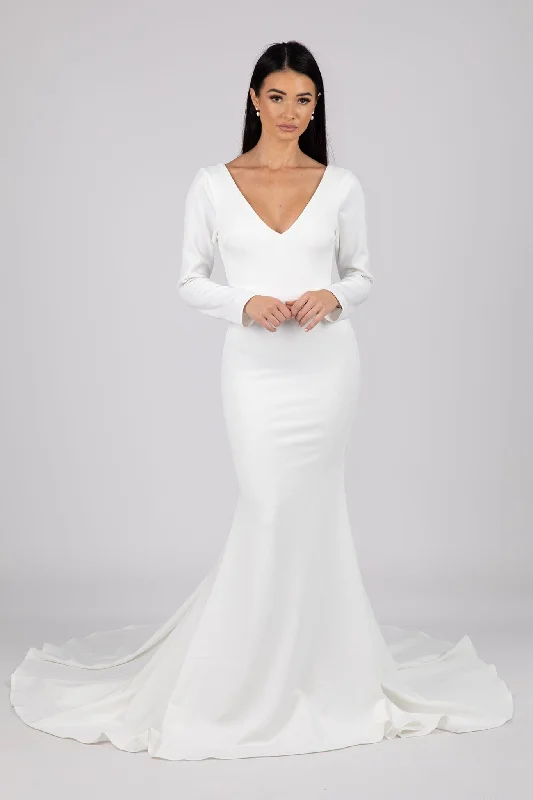 Elena Long-Sleeve Crepe Gown - Ivory