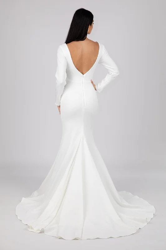 Elena Long-Sleeve Crepe Gown - Ivory