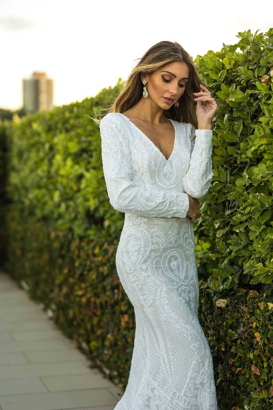 Elena Long-Sleeve Pattern Sequin Gown - White/White