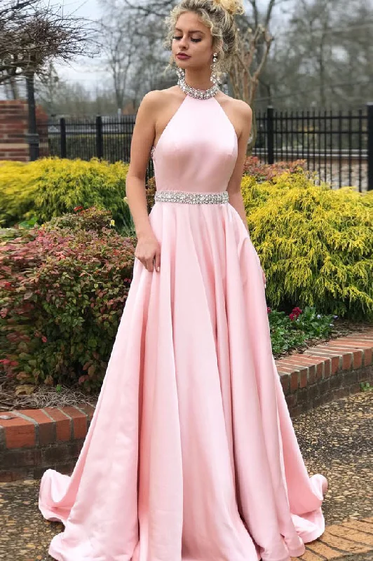 Fashion A-line Pink High Neck Sexy Back Cheap Beading Prom Dresses OKA15