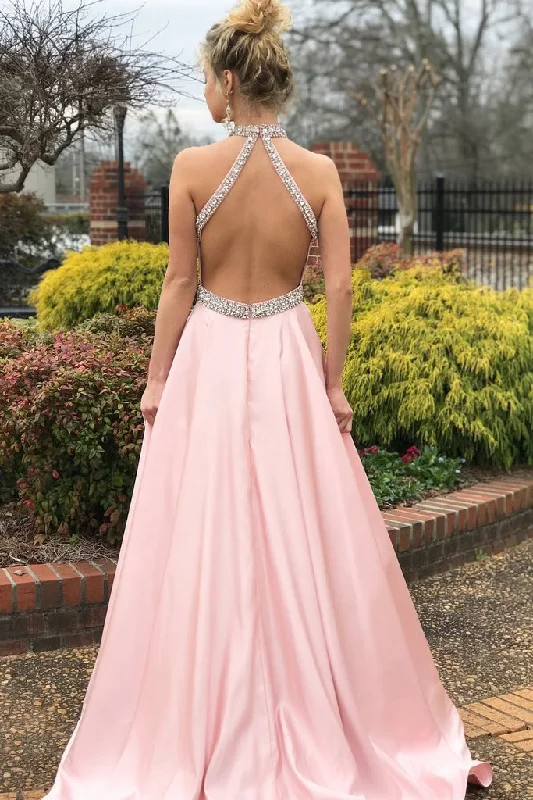 Fashion A-line Pink High Neck Sexy Back Cheap Beading Prom Dresses OKA15