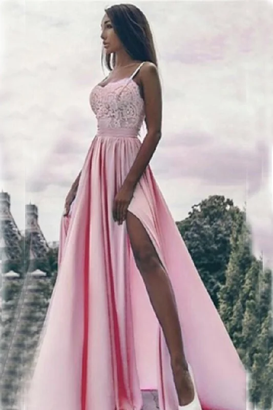 Fashion Pink Split A Line Straps Appliques Occasion Prom Dresses OK742