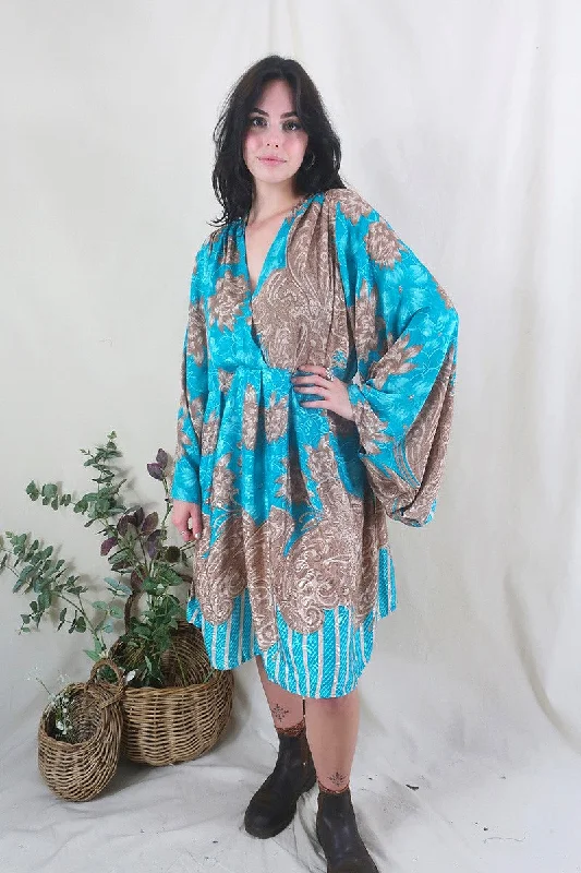 Fleur Bell Sleeve Midi Dress - Tan & Turquoise Paisley - Vintage Sari - S - M/L