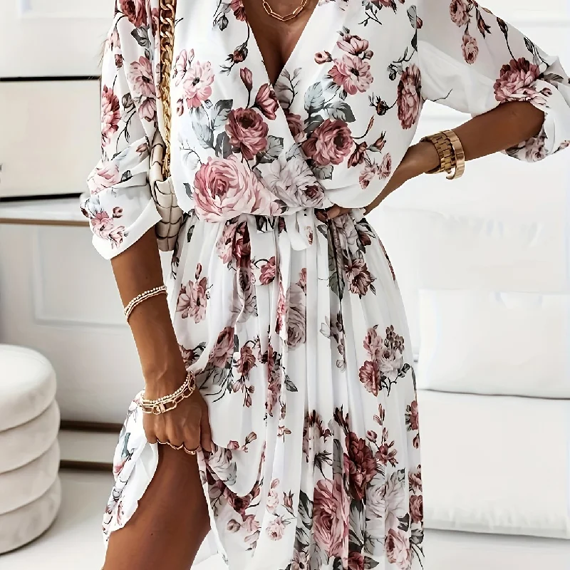 Floral Print Split Hem A-line Dress, Vintage V Neck Long Sleeve Dress, Women's Clothing