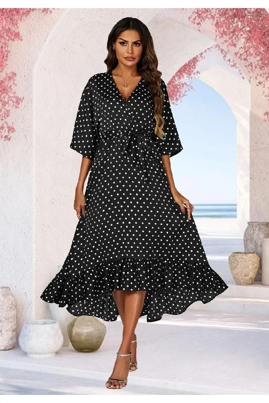 FS Collection Polka Dot Print Wrap Top Kimono Sleeve Maxi Dress In Black