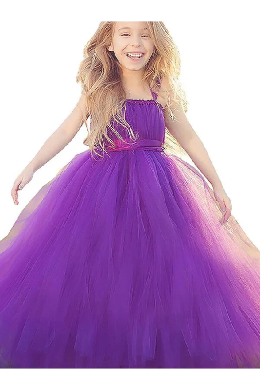 Fuchsia Ball Gown Straps Sleeveless Bowknot Floor-Length Tulle Flower Girl Dresses OK706