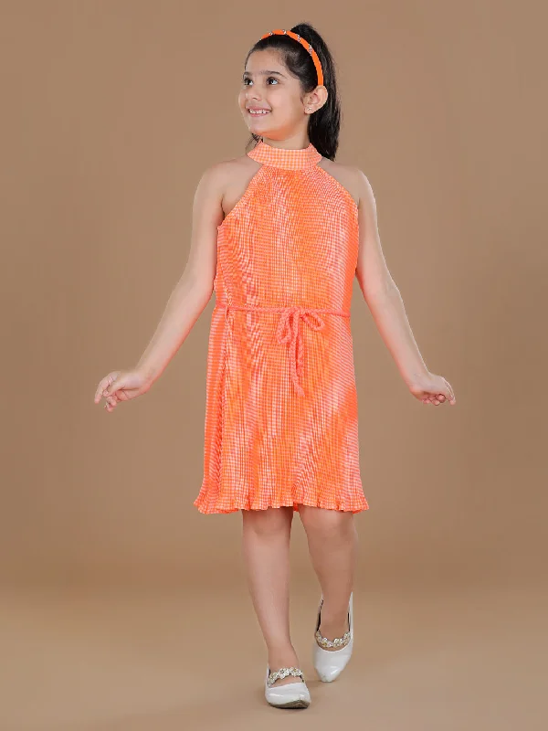 Girl's  Polycrepe Pleated Orange Print Dress - StyleStone Kid