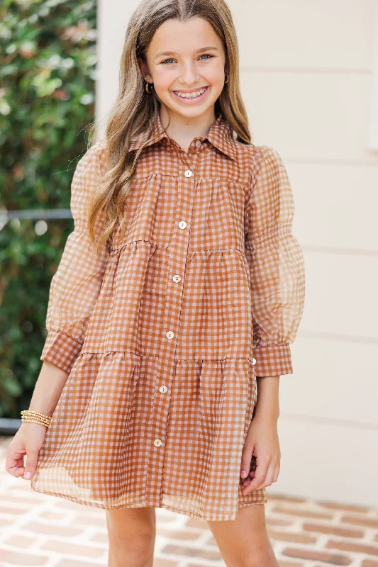 Girls: Take The Leap Butterscotch Brown Plaid Dress