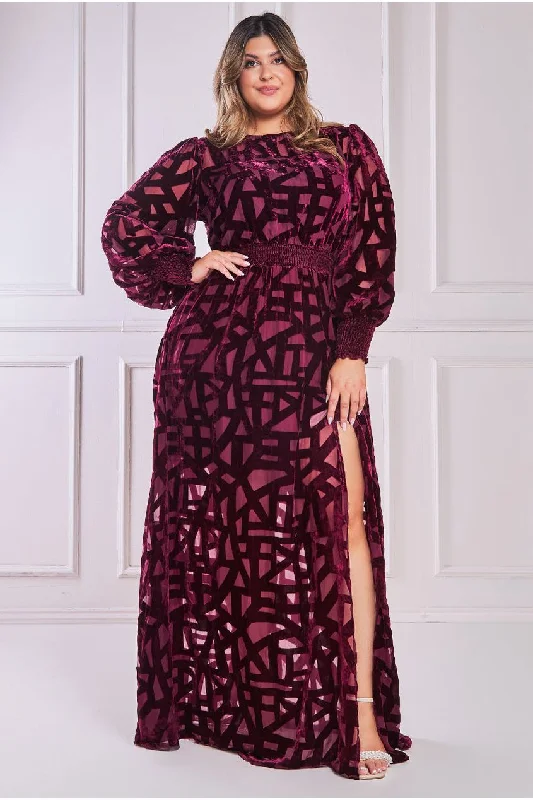 Goddiva Plus Burnout Velvet Maxi Dress - Wine