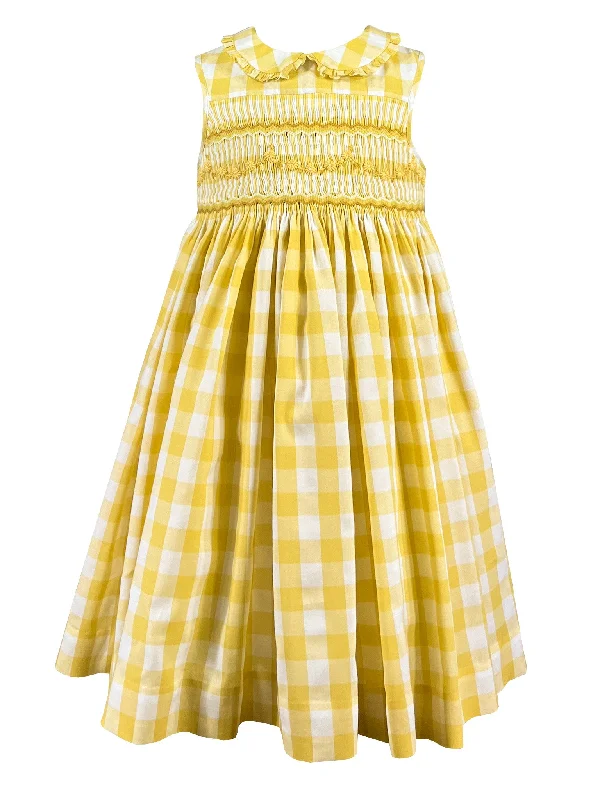 Golden Daisies Yellow Gingham Sleeveless Smocked Dress