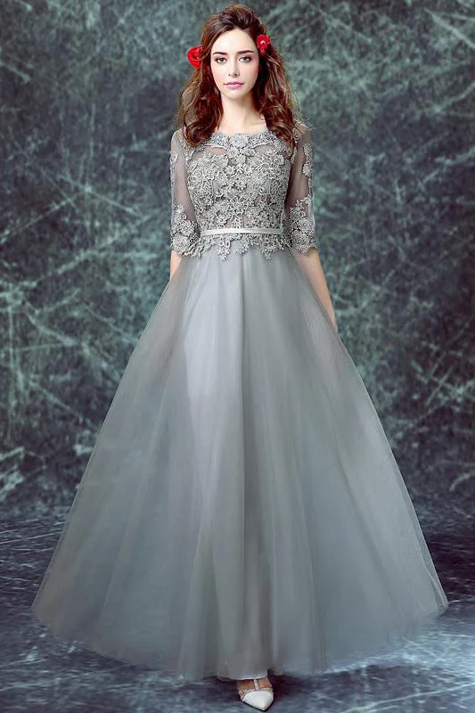 Grey Floor-length Half Sleeve Tulle Long Prom Dresses,A line Evening Dress OK882