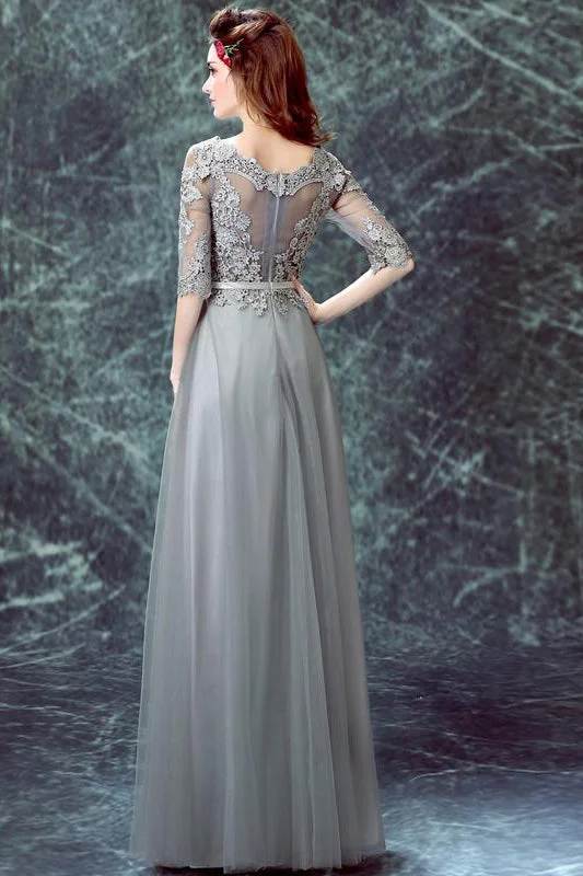 Grey Floor-length Half Sleeve Tulle Long Prom Dresses,A line Evening Dress OK882