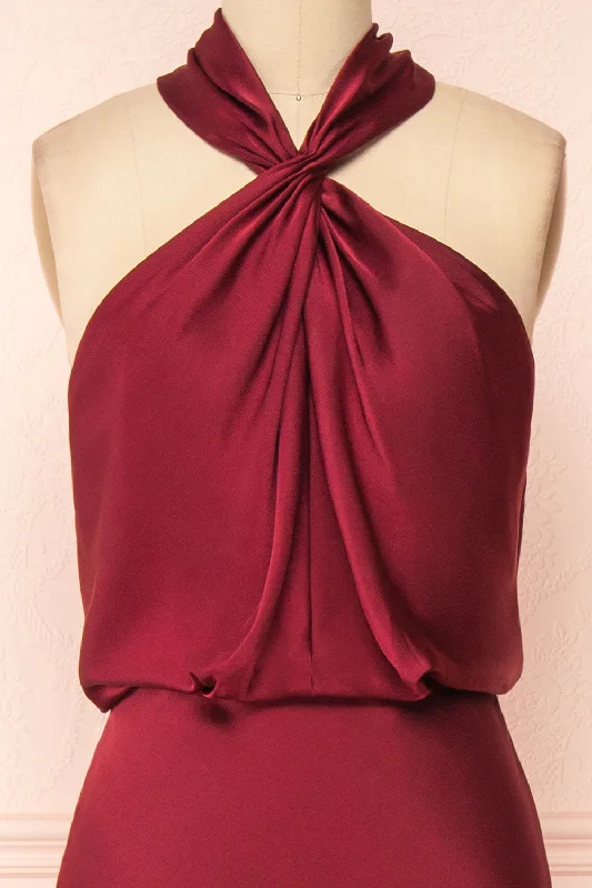 Jinny Burgundy | Satin Halter Maxi Dress