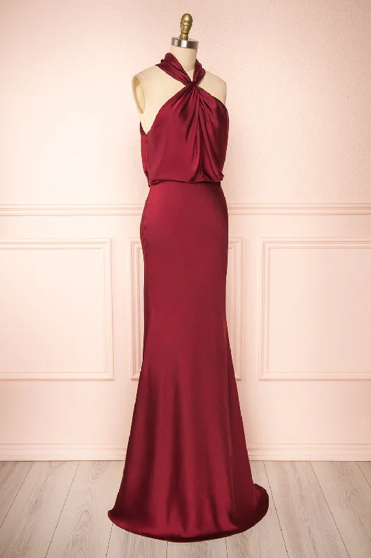 Jinny Burgundy | Satin Halter Maxi Dress